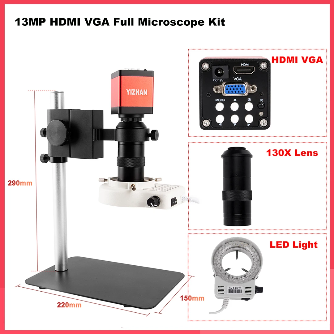 

YIZHAN 1080P HD HDMI VGA Microscope USB Digital Microscope Kit C-Mount Digital Camera 1-130X Zooms Lens For PCB Soldering Repair