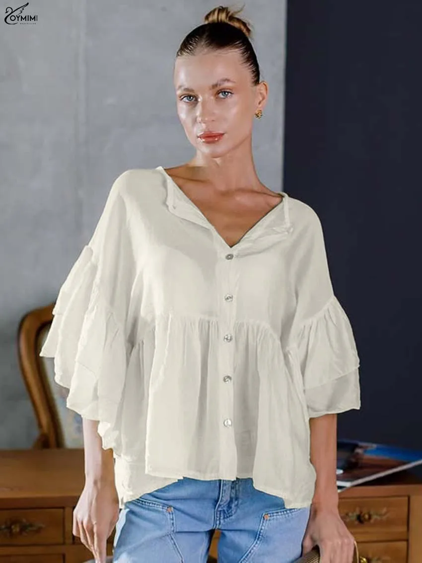 

Oymimi Elegant Apricot Loose Women's Shirt Fashion O-Neck Ruffled Half Sleeve Blouses Casual New Single Breasted Solid Shirts