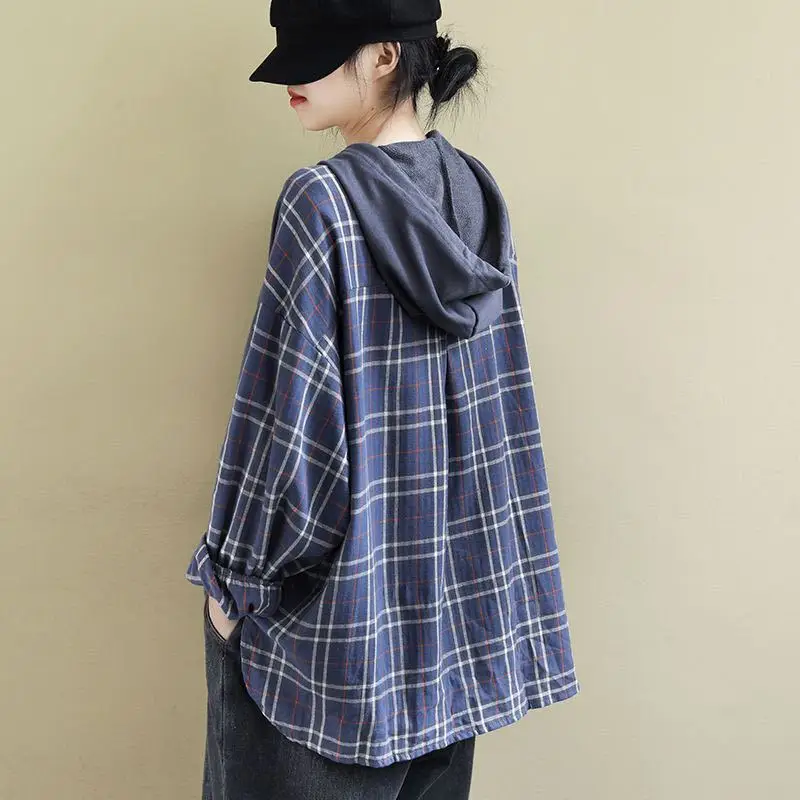 Loose Artistic Hooded Sweatshirt for Women New Style Spliced Plaid Versatile Casual Hooded Top