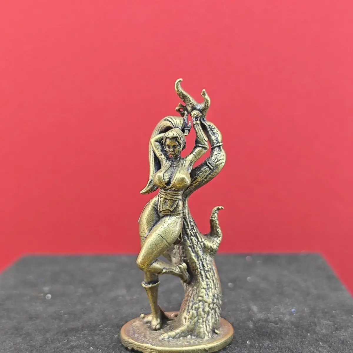 Antique Brass Anime Fighter Girl Figurine - Retro Metal Woman Statue for Desktop Decor, Collectible Mini Ornament