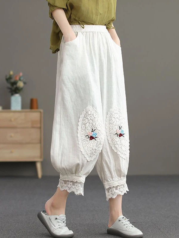 Autumn Cotton Linene Lantern Pants for Women 2024 Large Size Baggy Bloomers with Lace Embroider Women\'s Trousers Harem Pants