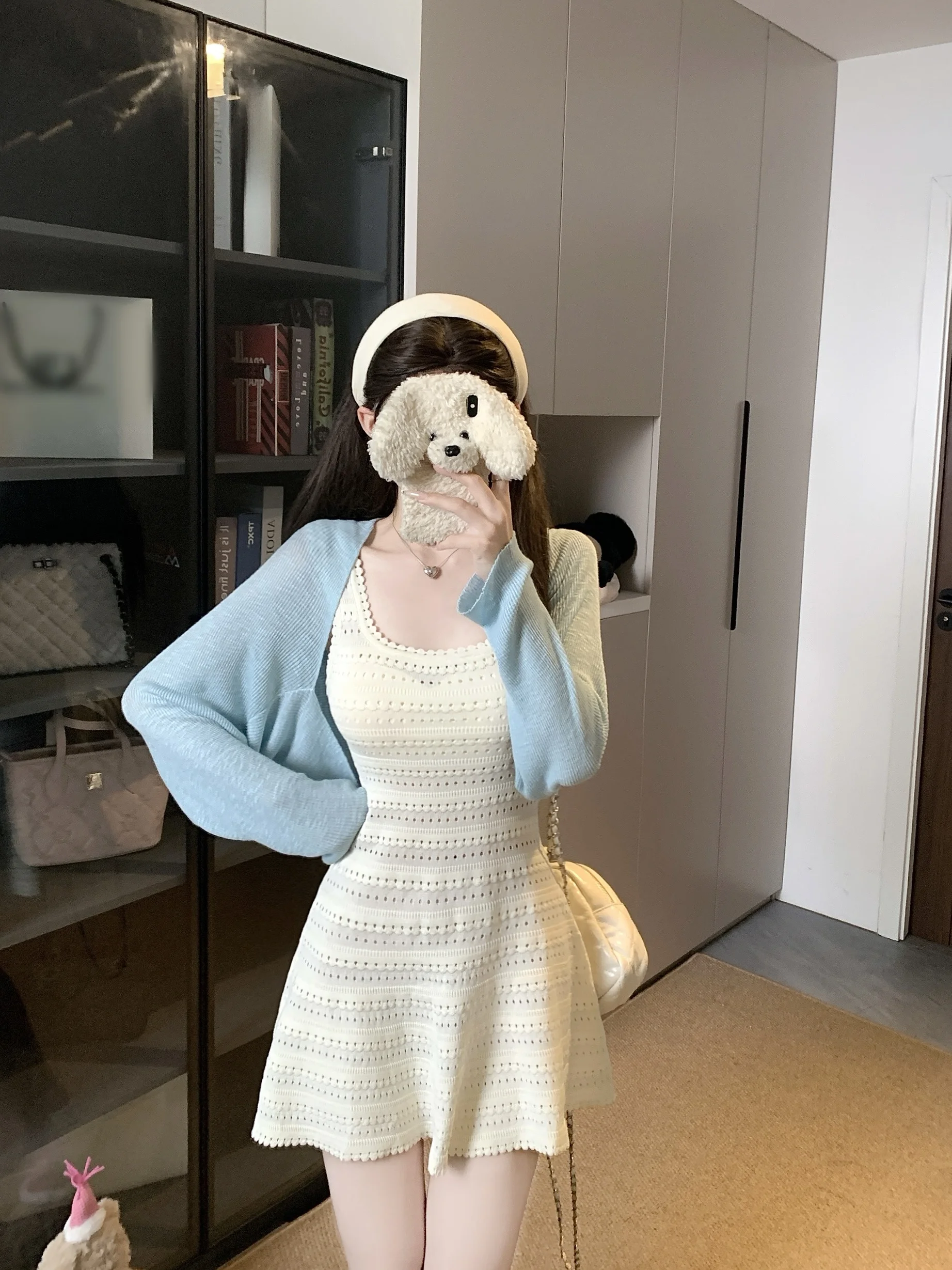 

Kumikumi Gentle Wind Blue Anti-Aging Long Sleeve Women's Set Summer Peach Color Strap Dress Two-Piece Set Fashionable Outfit