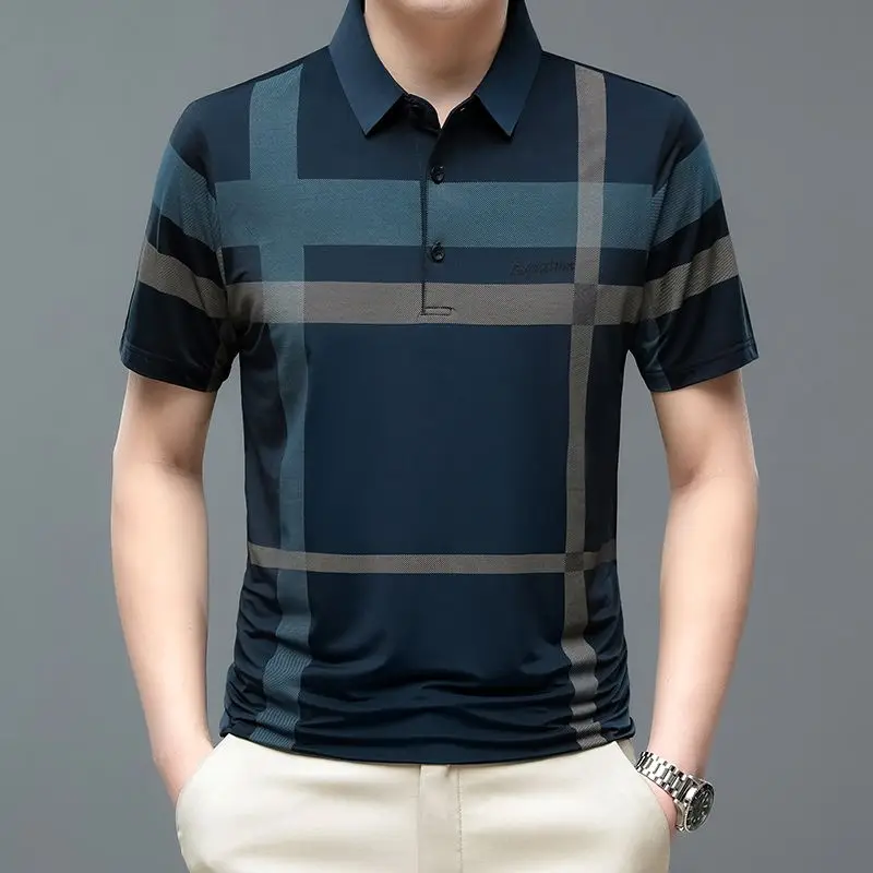 Men's Ice Silk Polo Shirt Summer Short Sleeve Casual Breathable Top Middle Aged Father Daily Wear Soft Collar T-Shirt