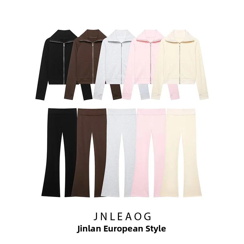 JNLEAOG Conjunto de Dos Piezas para Mujer, Verano, Chaqueta con Cierre, Pantalones de Campana con Cintura Alta Elástica, Fibr...