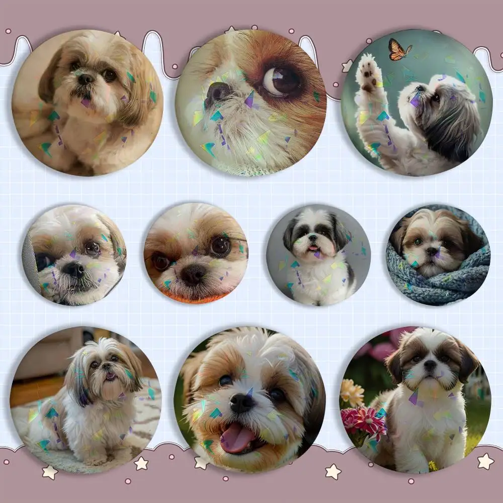 

Pet Shih T-Tzu Dog cute Laser reflective round badges pins bag clothing decorations collectibles gifts for friends
