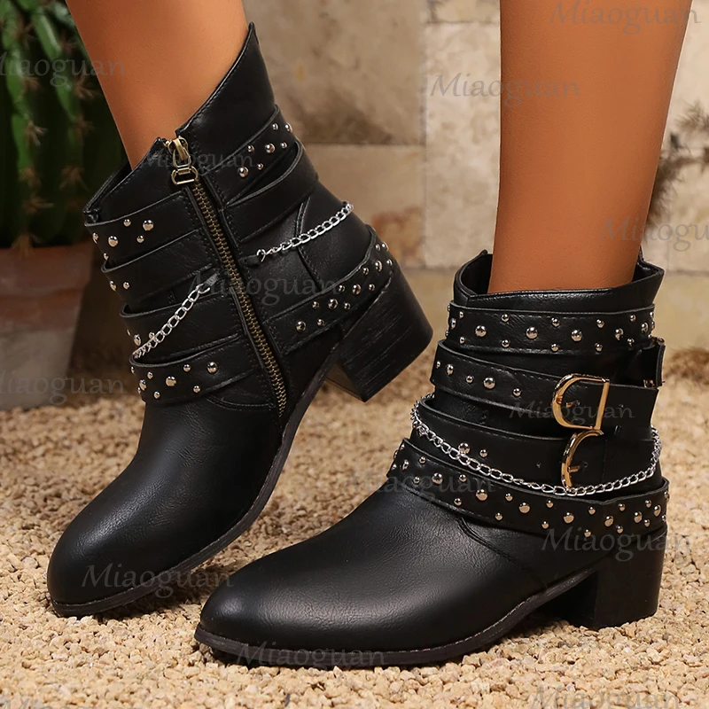 

Cowboy Ankle Boots for Women Plus Size Goth Punk Shoes Leather Short Chelsea Botines Buckle Vintage Chunky Heels Women's Shoes