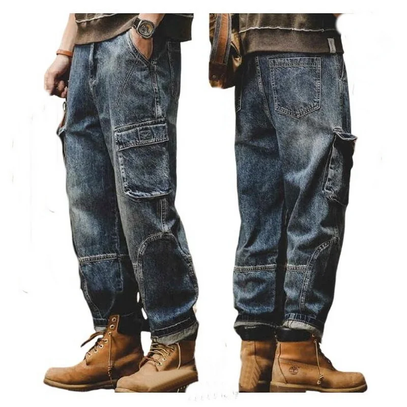 Retro jeans Men Loose Straight Leg Denim Pants, Men's Wide Leg Pants