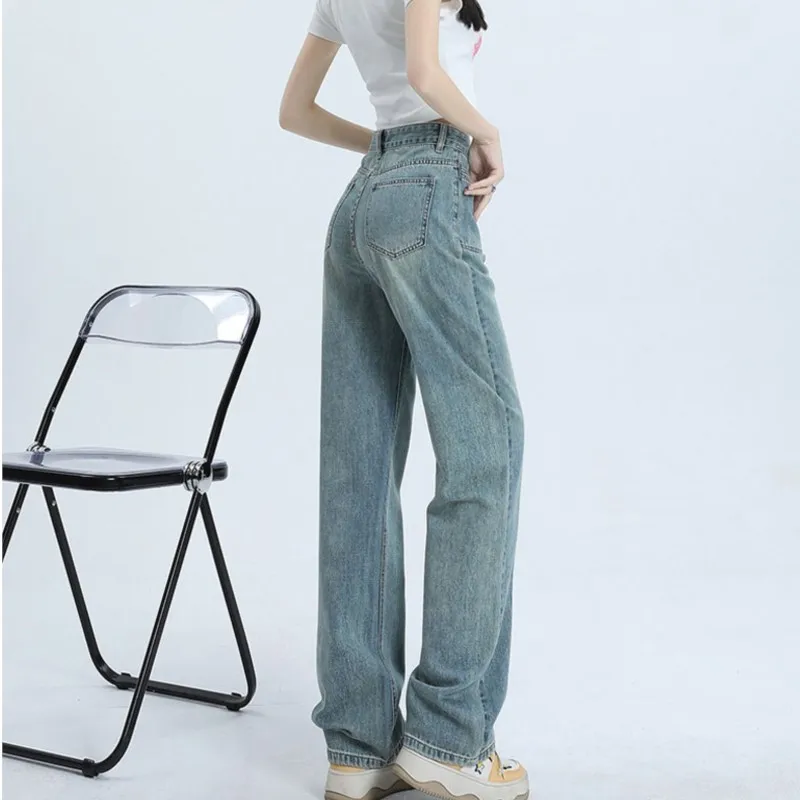 Jeans a gamba larga quattro stagioni Donna Primavera Autunno Nuovi pantaloni a vita alta Pantaloni larghi dimagranti a tubo dritto drappeggiati da