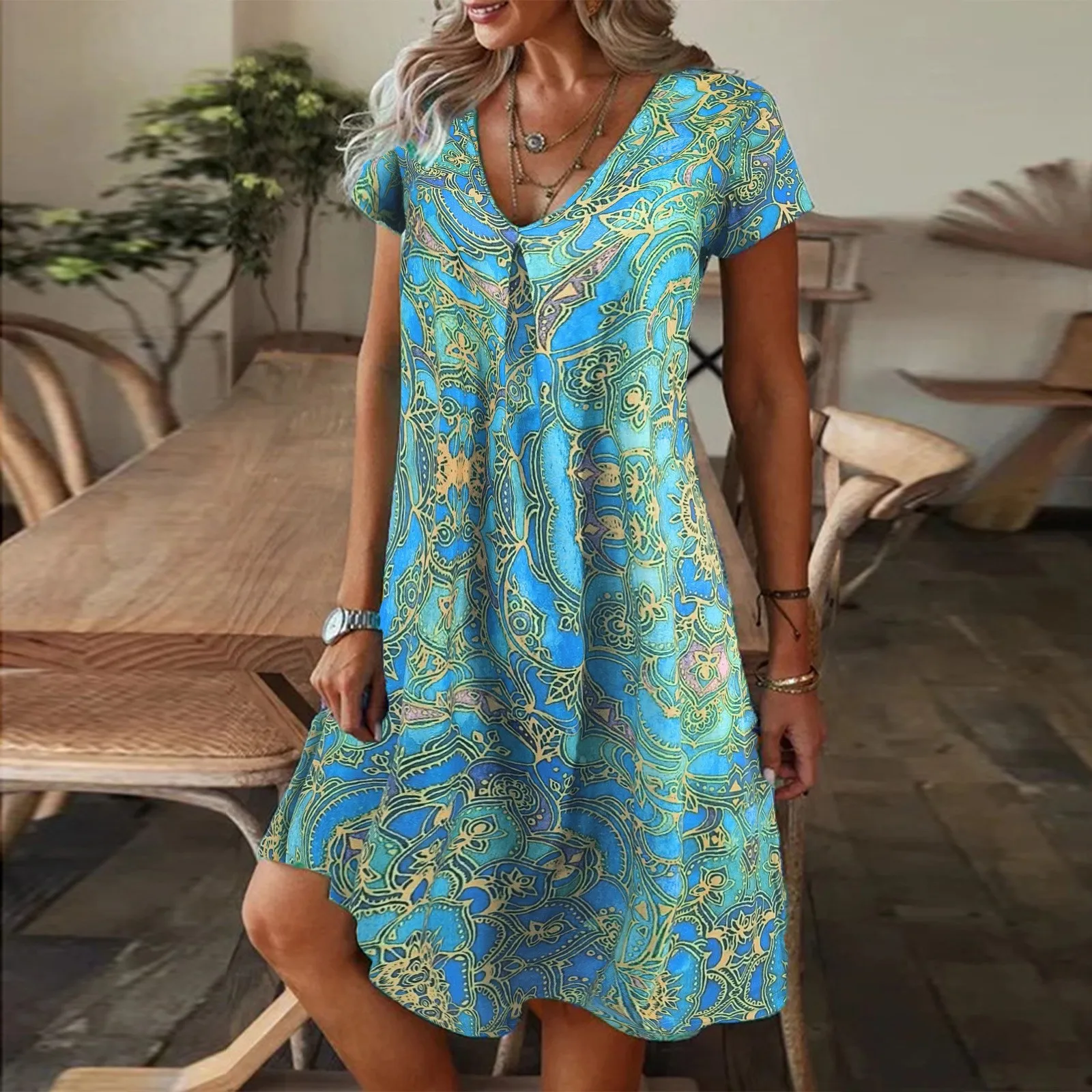 

2025 Summer New Women's Casual V-neck Loose Print Short-sleeved Dress