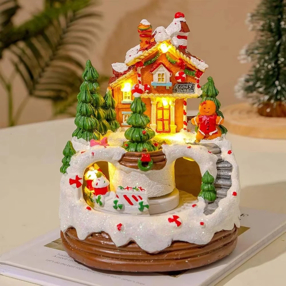 Christmas Gingerbread Village House LED Train Lights Music Building Statue Home Table Decoration Holiday Display Christmas Gift