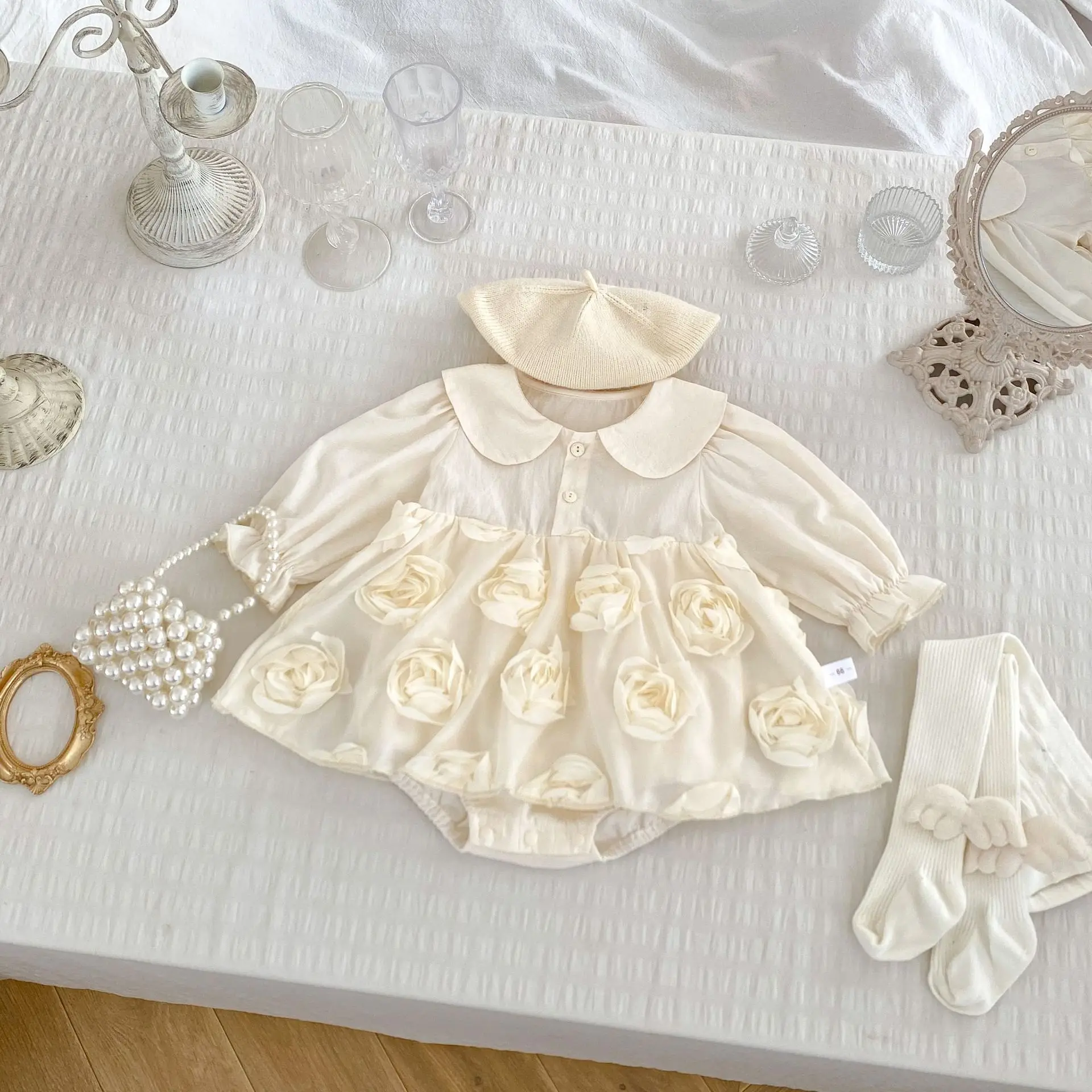 INS Baby Girl Autumn Dress Long Sleeve Sweet Three-dimensional Flower Infant Girls Dress Wrapped Newborn Girl Princess Dress