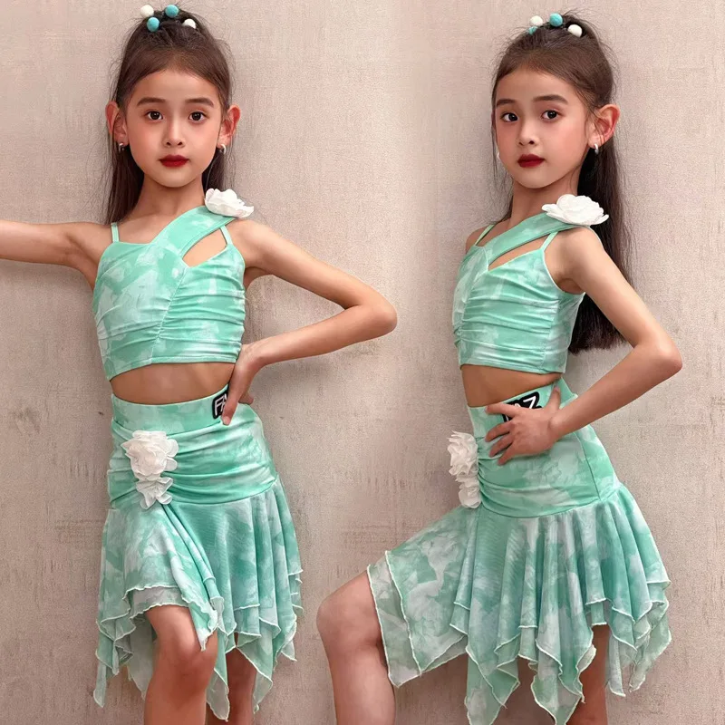 

Customized Latin Dance Suit Practice Dress Girls Competition Performance Dress Mint Green Printed Flower Skirt Split Set