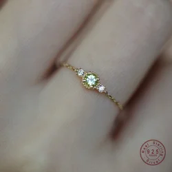 925 Sterling Silver Plated 14k Gold Green Zircon Chain Adjustable Ring for Women Exquisite Party Jewelry Accessories