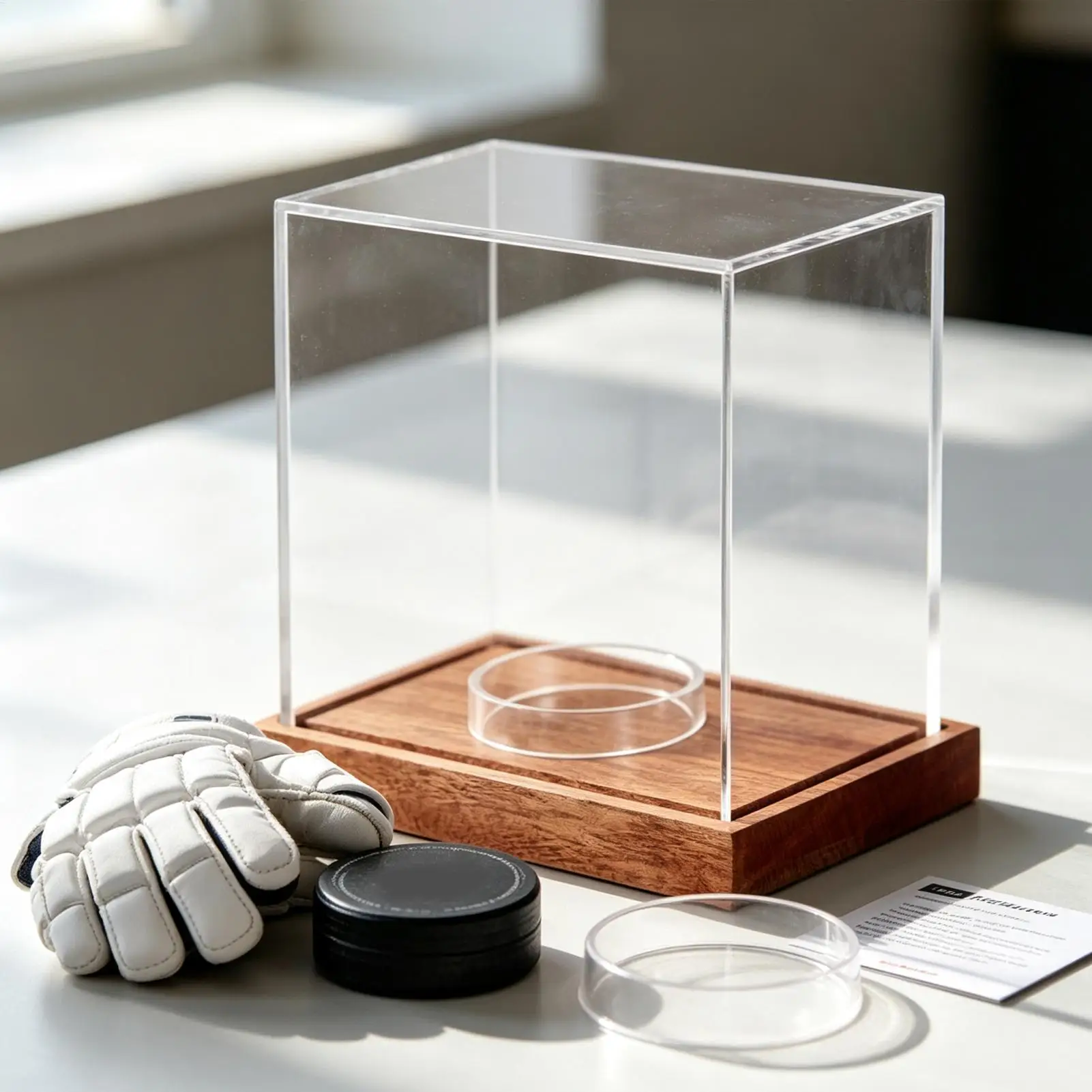 Hockey Puck Display Case Clear Collectibles Holder with Wood Base Acrylic Puck Display Case for Sports Collection Bedroom Shelf