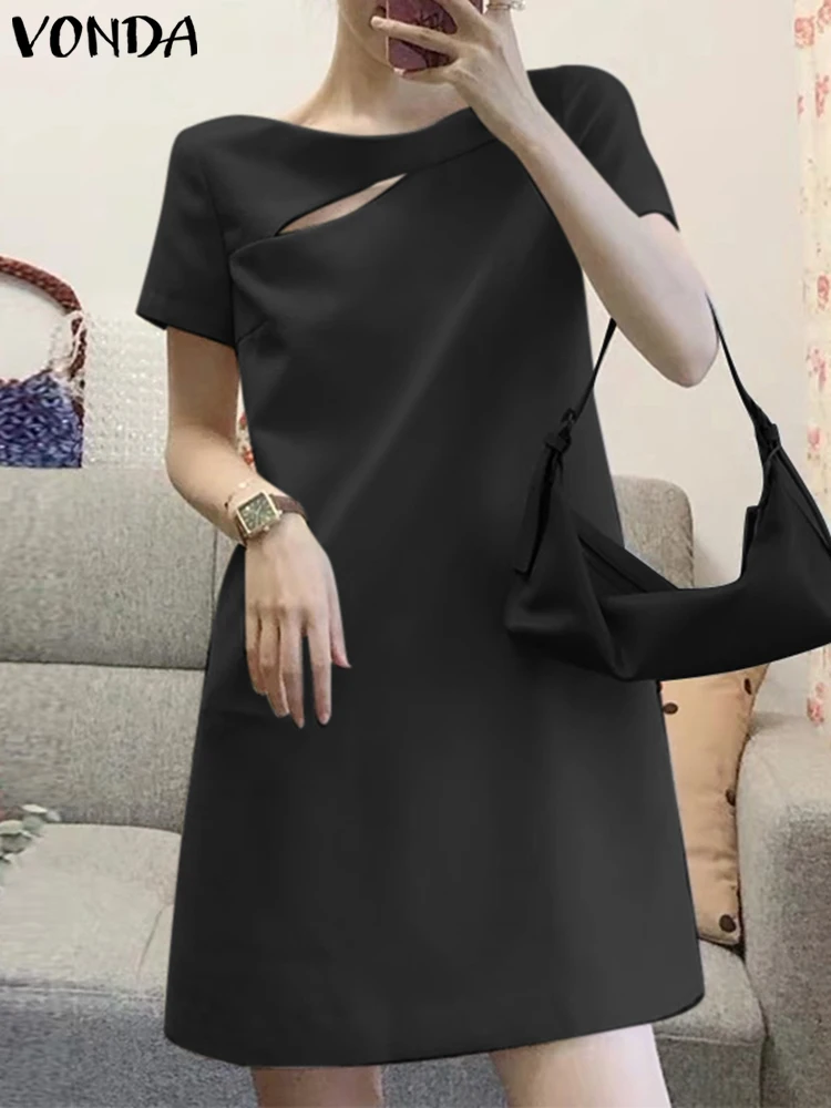 VONDA Vestido corto para mujer 2025 Casual Color sólido Mini bata de manga corta cuello redondo Vestidos de playa fiesta cuello redondo vestido veraniego de verano