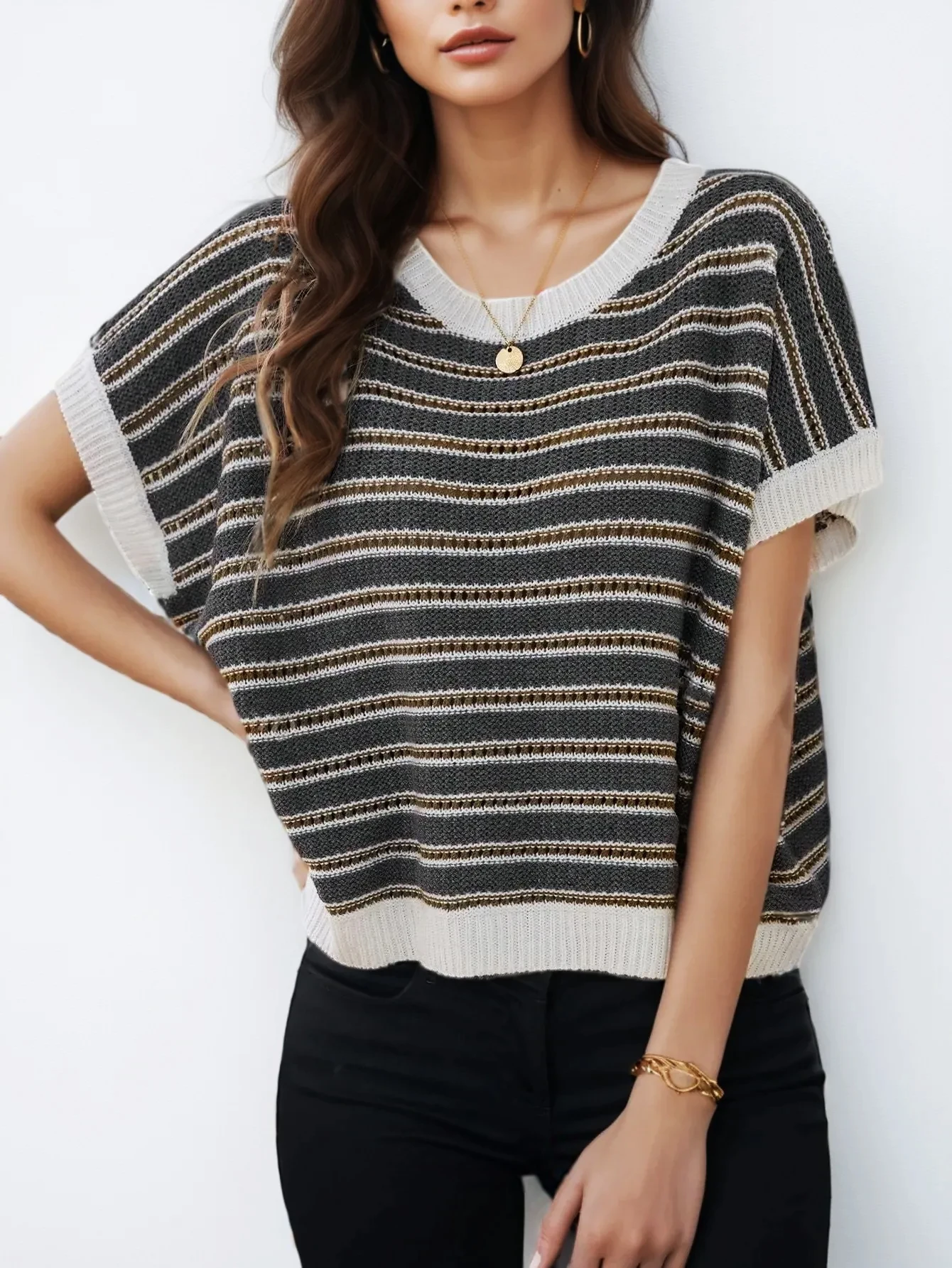 Early Autumn New Retro Multi-Color Striped U-Neck Short-Sleeve Knit Top, Loose Breathable Textured Pullover with Rolled Cuffs, European and American Style Casual Women's Wear, Thanksgiving Travel Outfit, Everyday Commute Lazy Slim-Fit Outerwear, European Hot-Selling Simple Color-Block Striped Knit T-Shirt