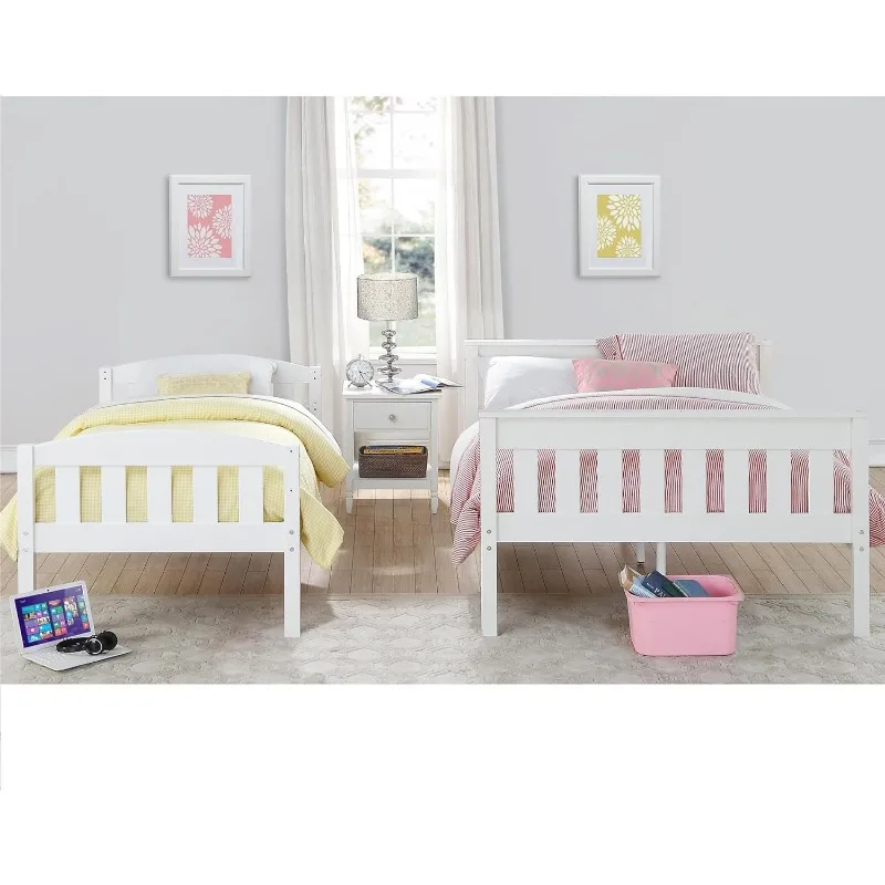 Convertible Wood Bunk Bed, Stackable and Detachable Bed Frames for Kids and Teens, with Angled Ladder, High Guardrail