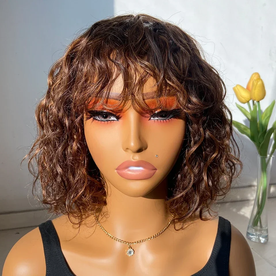 

Malaysia Short Pixie Bob Cut Human Hair Wigs With Bangs Jerry Curly Non lace front Wig Highlight P4/30 Colored Kinky CurlyWigs