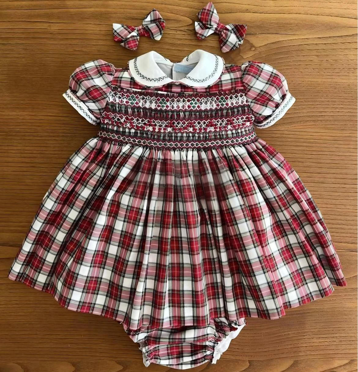 0-12Y Baby Girl Summer Red Plaid Handmade Embroidery Smocked Vintage Princess Dress for Birthday Holiday Eid Christmas A261