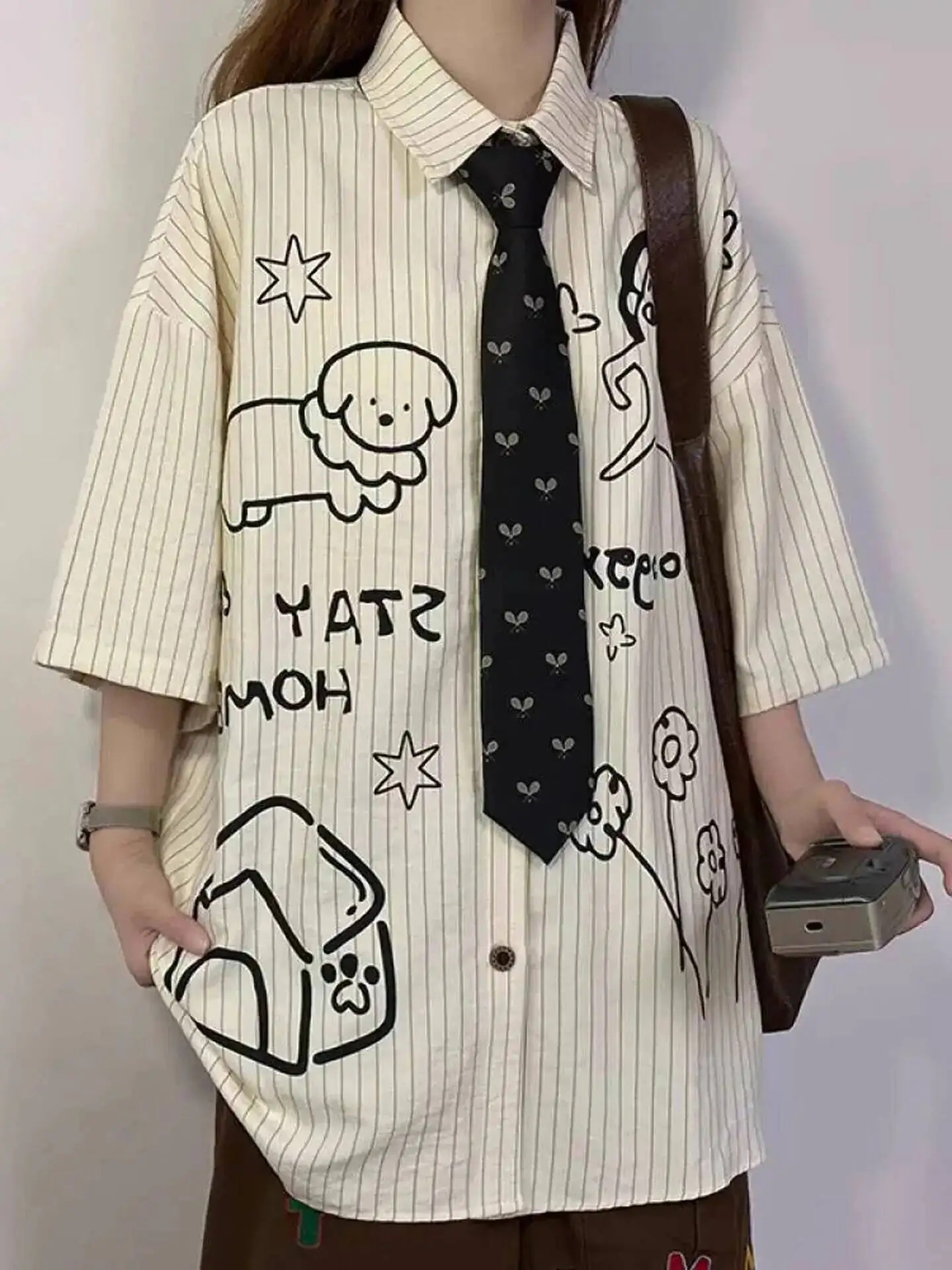 

Graffiti White Short Sleeve Shirts Women Summer New College Style Button Up Slim JK Shirts Korean Turndown Collar Blouses