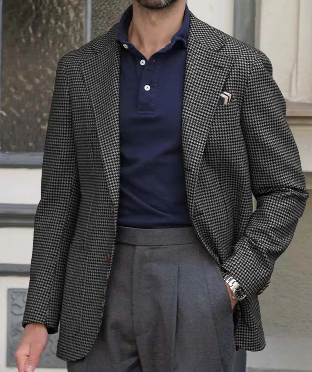 

Mature Men's Plaid Jacket Autumn Winter Warmth High-Quality Fit Cow Horn Buckle Customized Suit Jacket Office Business Leisure