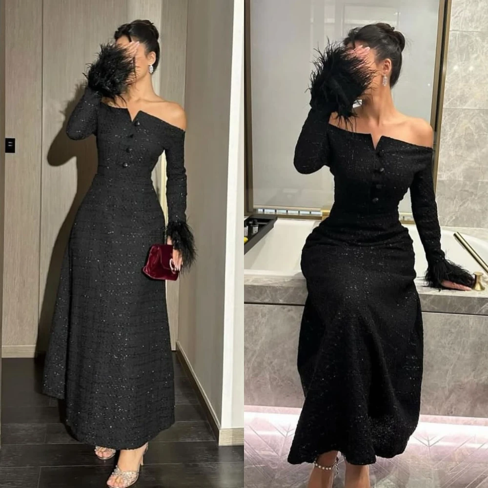 Customized High Quality  Formal Off The Shoulder A-line Feathers Ankle-Length Bespoke Occasion Dresses Evening