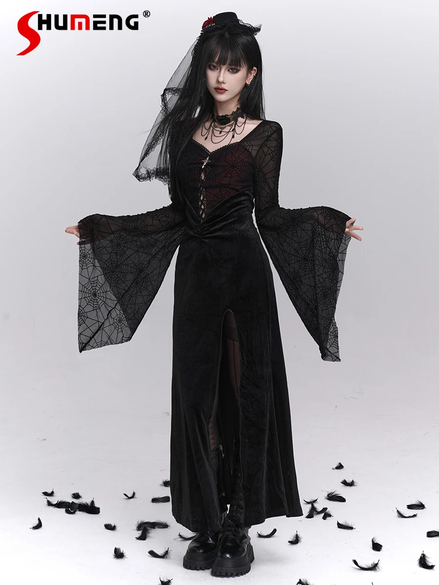 

Subculture Girl Dark Gothic Halloween Cosplay Costume Dresses Hollow Out Flared Sleeve Sexy Slit Bodycon Black Long Dress Women