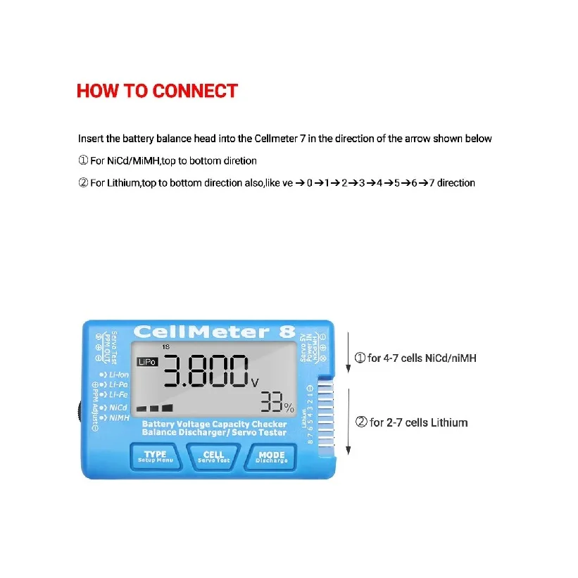 LCD Digital Battery Capacity Tester RC CellMeter8 2-8S Servo Lithium Polymer Lithium Dragon NiMH Battery Voltage Tester