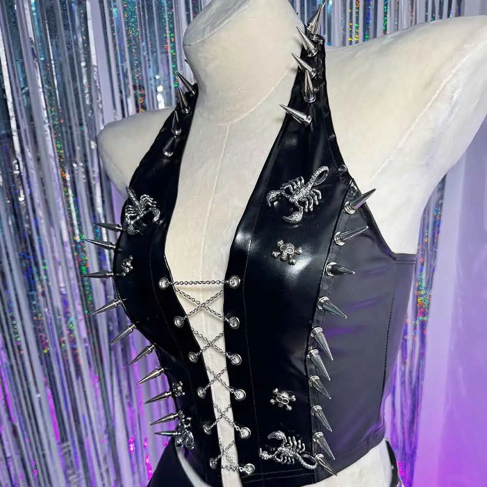 

Grunge Harajuku Studded Rivet Gothic Punk Rock Eco Hand Made 90s Y2K Halter Camisole TOPS Goth DIY E-Girls Emo Kawaii