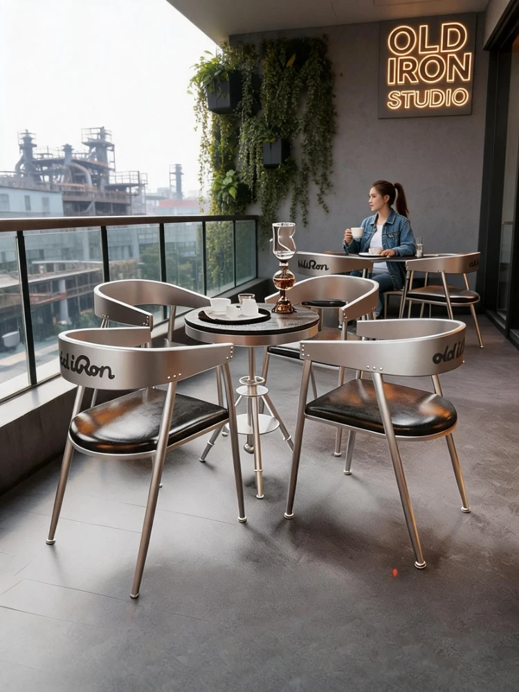 Industrial Style Iron Table and Chair Set, Commercial Metal Furniture for Cafe, Milk Tea Shop, Bar & Restaurant