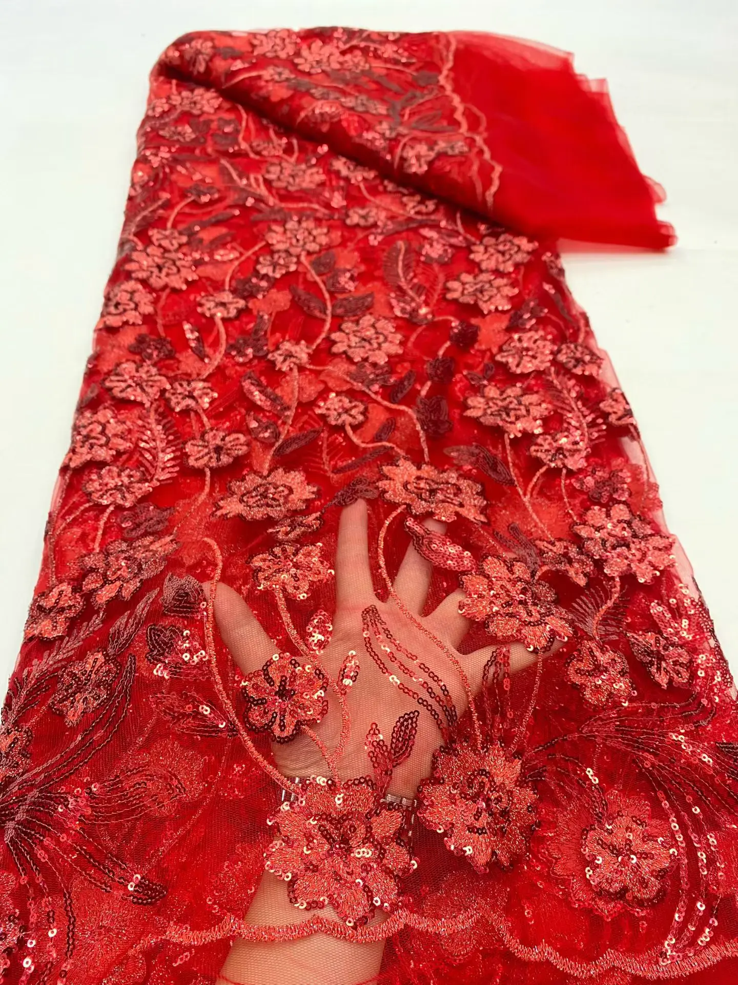 

2025 African Nigerian Embroidered Lace Tulle Fabric Guipure Sequins Luxury Wedding Dress Bridal Gown Premium Net Cloth 5Yard