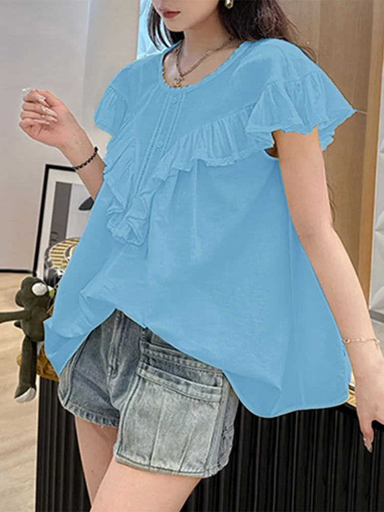 

VONDA модная повседневная блузка женская с коротким рукавом с рюшами элегантные офисные женские рубашки кружевные туники топы 2025 летние однотонные блузки