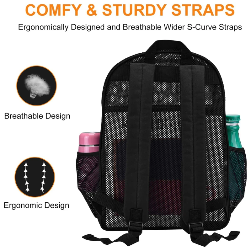 Fashion Women Transparent Backpack Heavy Duty Mesh Backpack For Boys And Girls Light Weight Rucksack Travel Black Shoulder Bag