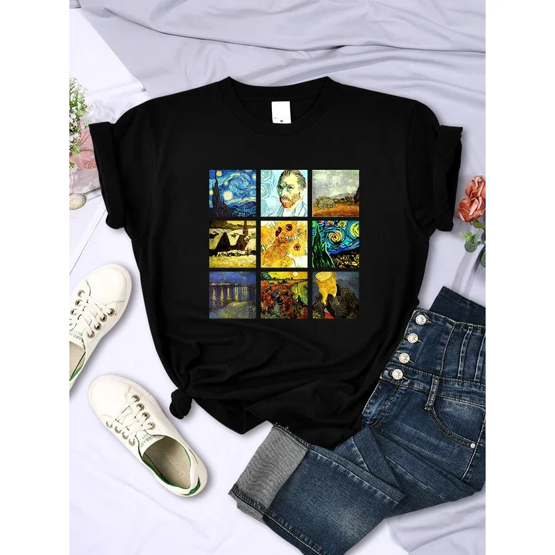 

Van Gogh Works Sanskrit Printed Female Tops Breathable Casual T Shirts Fashion Summer Short Sleeve Women Crewneck Street Tshirt