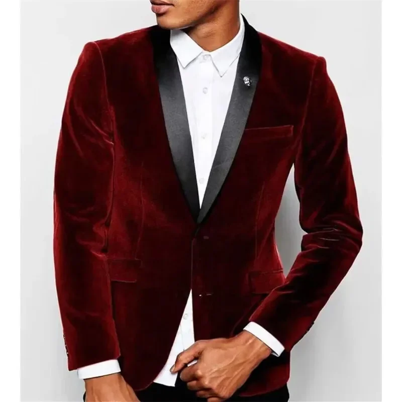 1 Piece Luxury Burgundy Velvet Men\'s Suits Single Breasted Black Shawl Lapel Slim Fit Blazer Formal Wedding Groom Jacket Outfit