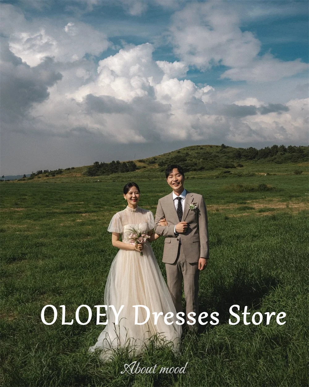 Oloey vestido de casamento com gola alta, mangas curtas, renda, linha a, coreia, sessão de fotos, para noiva, elegante, trem de varredura, vestido de noiva