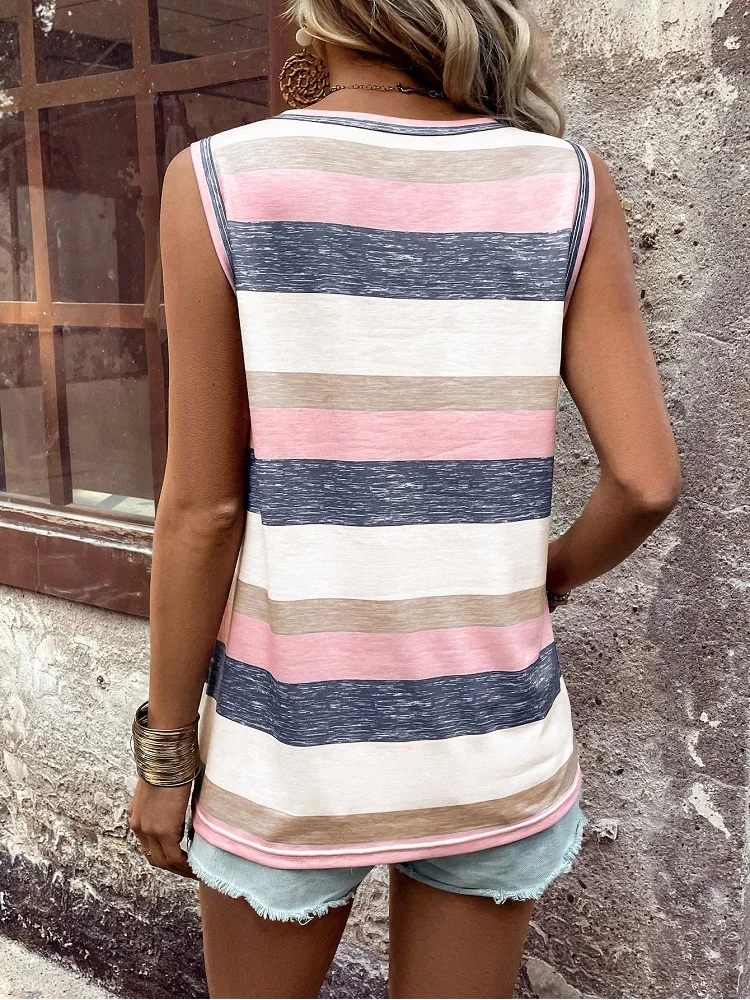 2024 Europe And The United States Summer New Cross-Border Women\'s Striped Button-Down Color Patch Bag Casual Vest T-Shirt