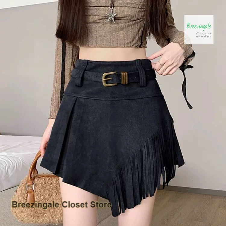 

French irregular deerskin skirt women's autumn and winter new temperament Joker high waist tassel stitching A-word hip skirt