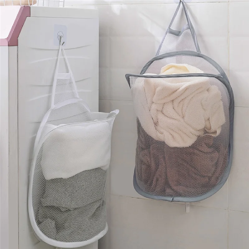 

A96I-Foldable Storage Laundry Basket Organizer Dirty Clothes Mesh Bag Wall-Mounted Bathroom Clothes Hanging Baskets Bucket