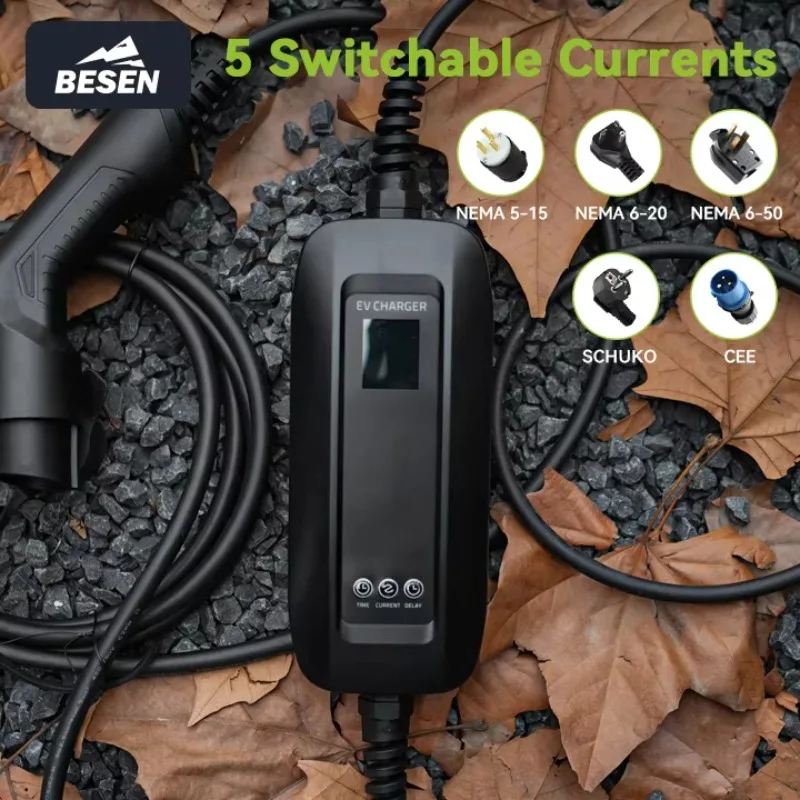 BESEN EV Portable Charger 5M Type 2 Charging Cable 6A 8A 10A 13A 16A Schuko Plug Level 2 EV Charger For Home