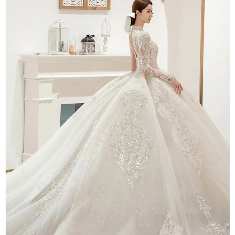 Embroidered Beaded Wedding Dress, Bride's One Shoulder Long Sleeved Forest Princess Palace Style  Long Tailed Wedding Dress