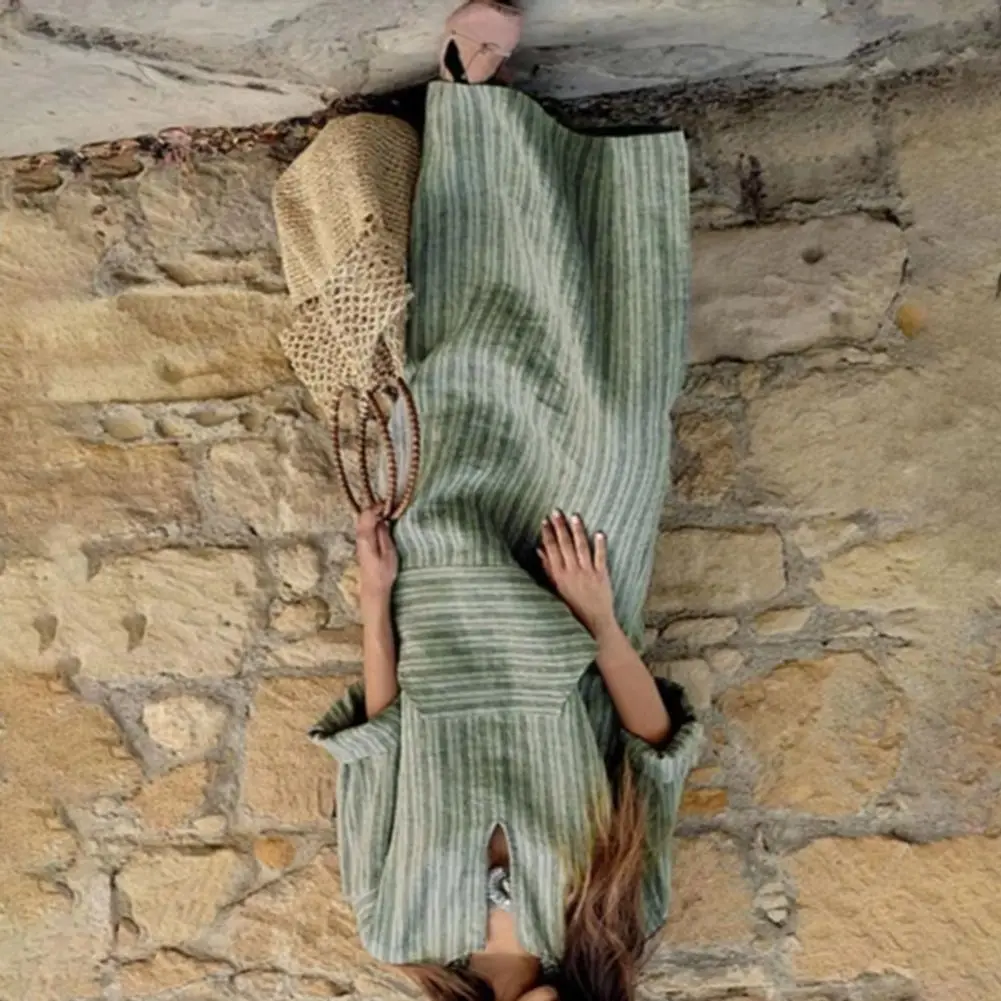 

2026 Colorful Strip Dress Retro American Style Woven Striped Loose Long Dress Cotton Linen Yarn-dyed Striped Sundress