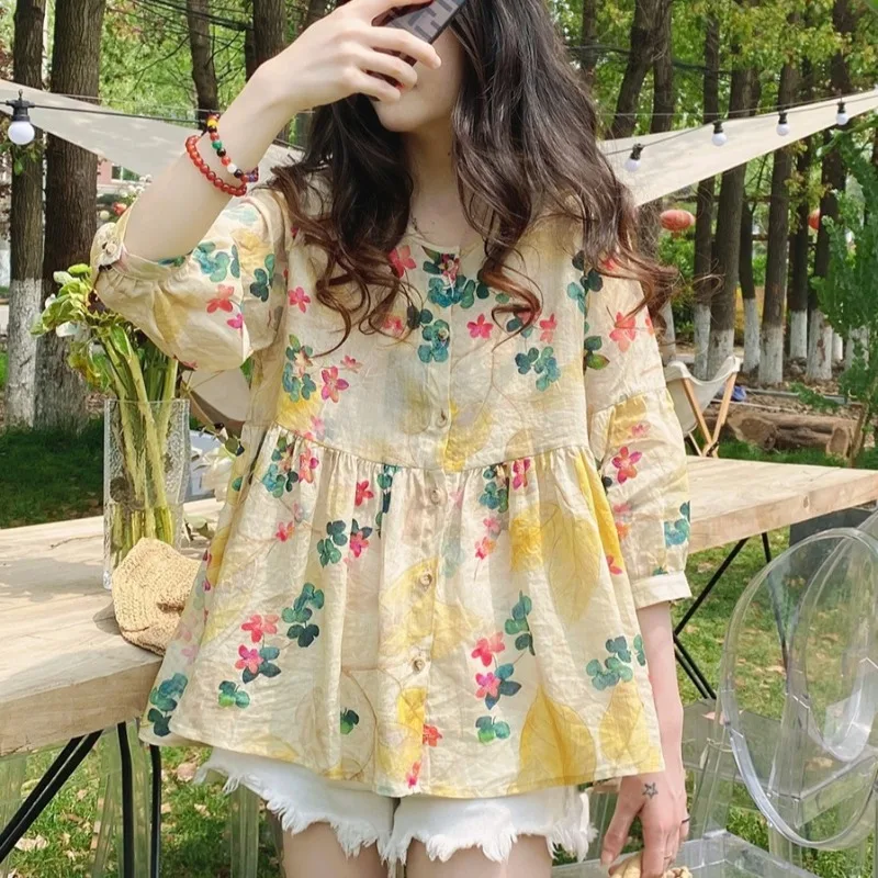 

1pc Baby Shirt Top Korean Version Loose Commuting Sweet and Western Style Floral Small Shirt with Mid Sleeves
