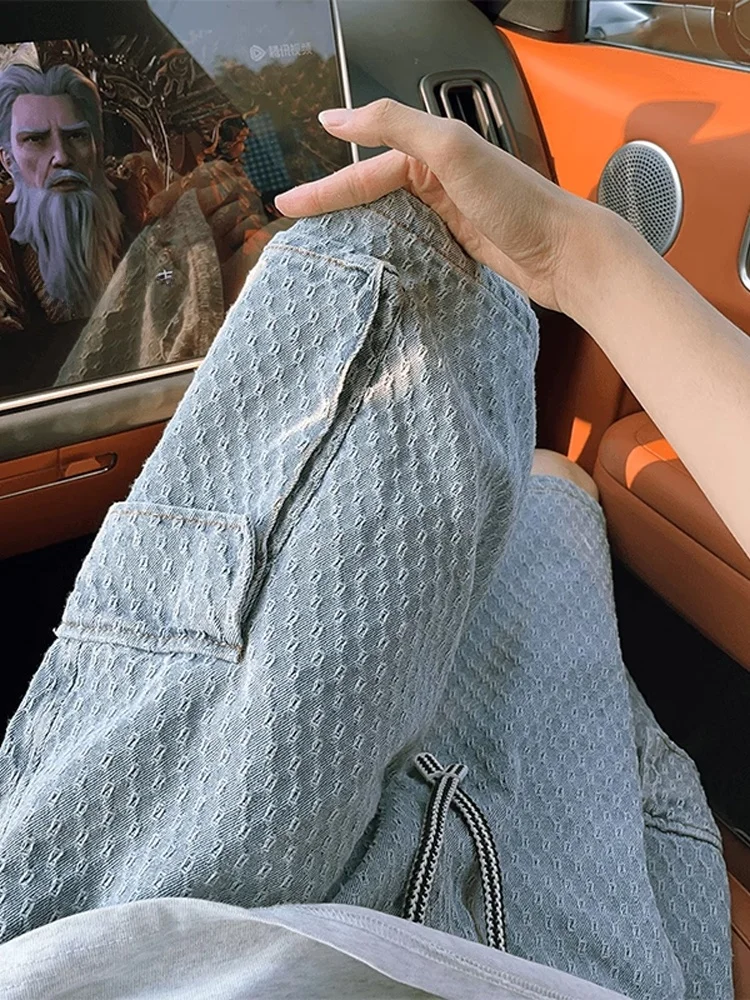 

American Waed Floral Jeans Men's orts Casual Loose Straight Leg Vintage Workwear Five-Quarter Pants Youth Summer Wear