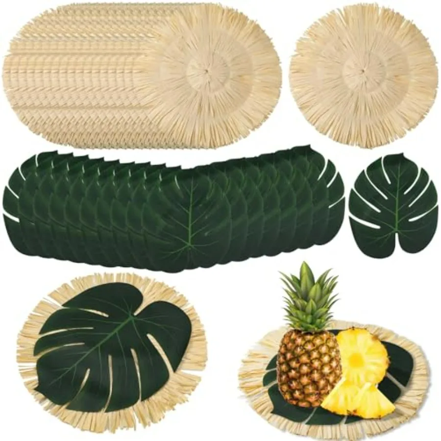 

36pcs Luau Placemats Round Tropical Palm Leaf Place Mats in Summer Colors Bulk Hawaiian Party Table Chargers with Fringe Design