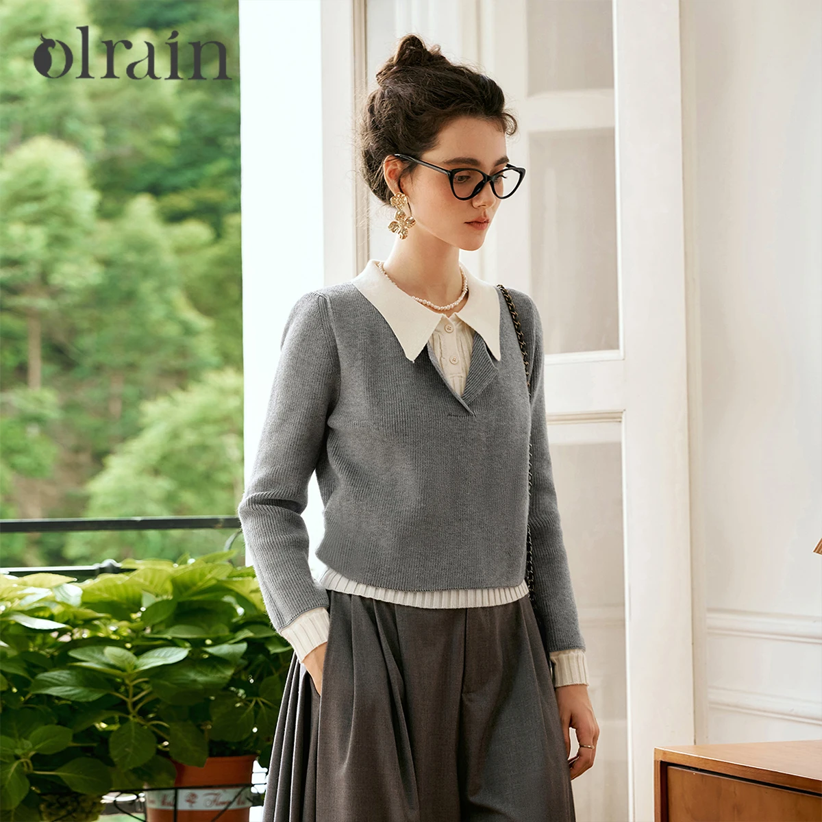 OLrain Damen Fake-Zweiteiler-Pullover 2026 Herbst Umlegekragen Langarm-Pullover Gestrickte Oberteile Damenkleidung N56QM89923