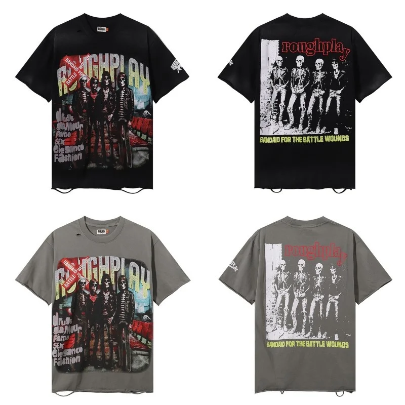 

Retro Print High Street Casual Washed Men's And Women's Short Sleeve T-Shirt Loose Fit Cotton round Neck Top for Youth