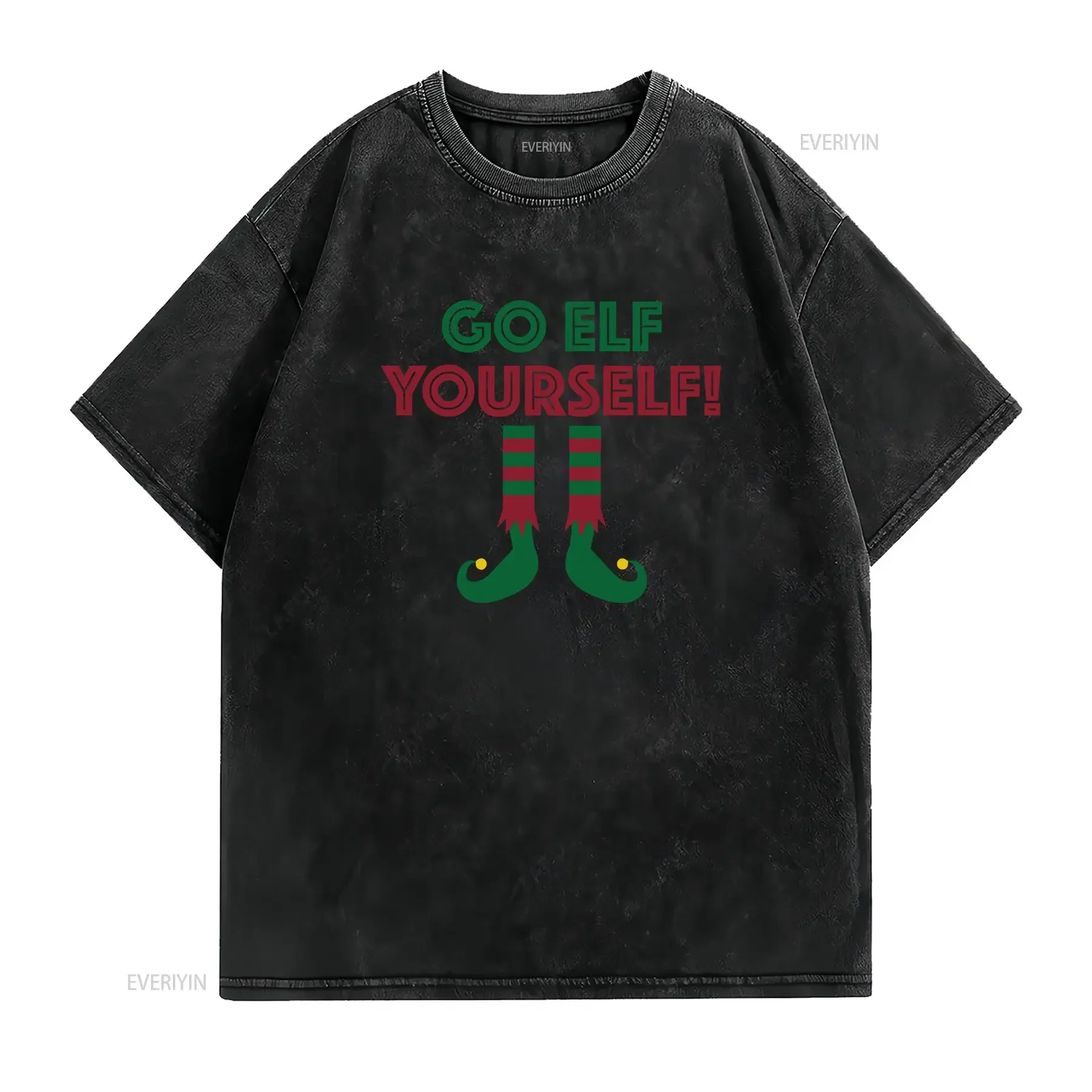 Funny Christmas Men's Cotton T Shirt Elf Seasonal Go Yourself vintage Washed streetwear fashion Unisex Comfortable Slightly