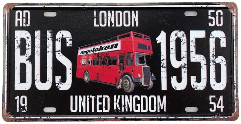 Angeloken New Retro Vintage London Bus-1956 United Kingdom License Plate Tin Sign for Home Decor Wall Plaque 6''x12''