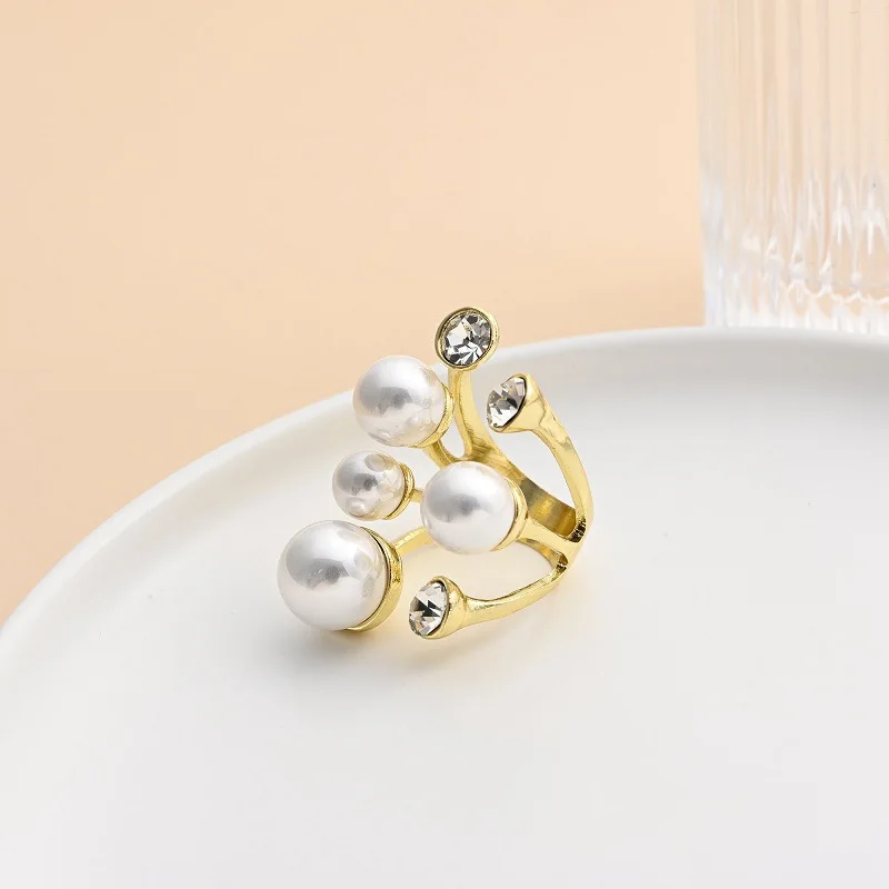 European American Exaggerated Geometric Opening Pearl Ring for Women Crystal Adjustable Irregular Ring Cool Personality Jewelry